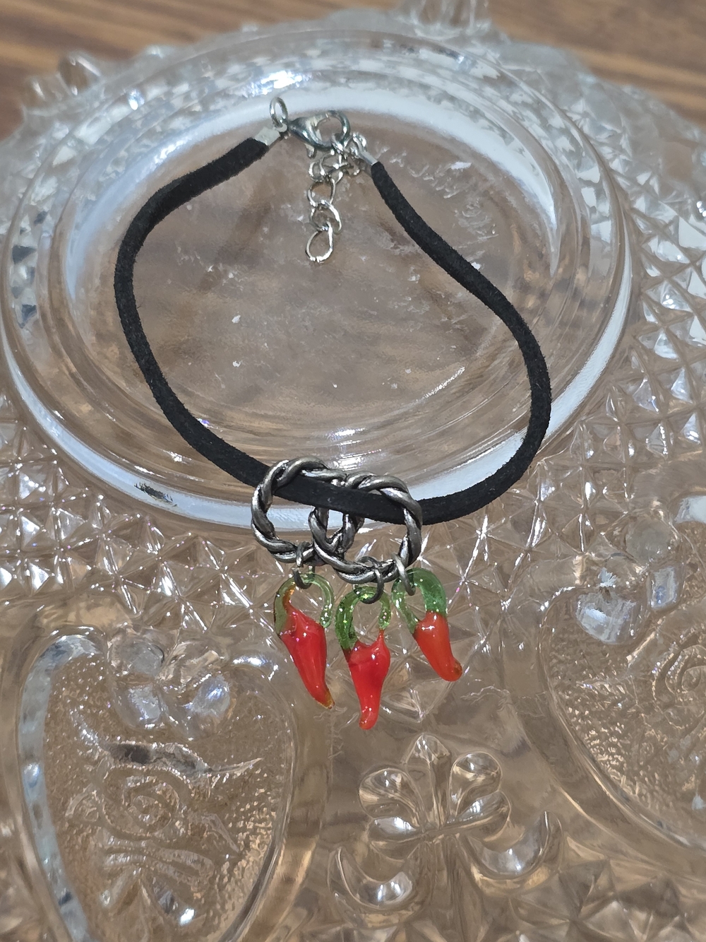 Glass Chili Pepper Charm Suede Bracelet - Black with Red and Green Accents